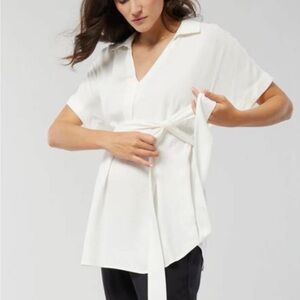Maternity Ingrid and Isabel White Tie-Waist collared top